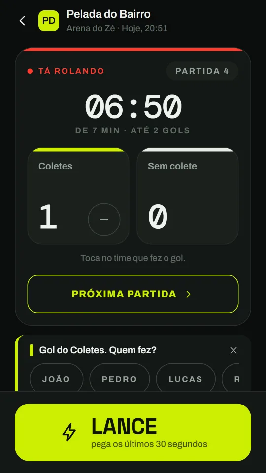 Placar ao vivo com o relógio da partida e quem fez o gol